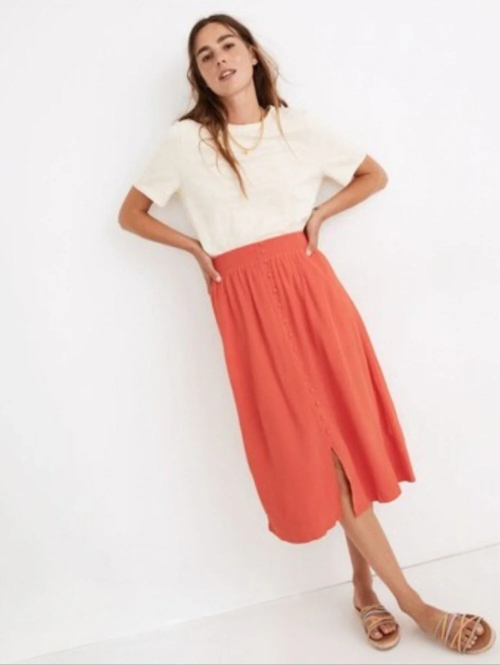 Madewell Smocked Waist Button Front Midi Skirt Size Small
